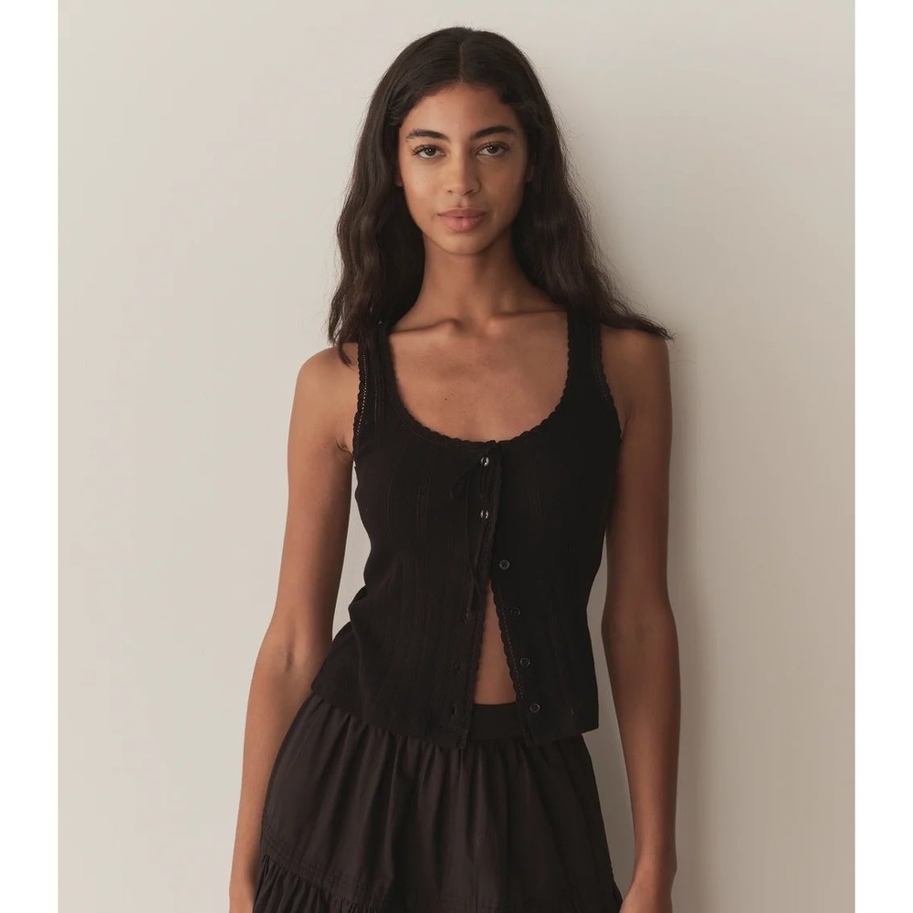 DOEN Lois Tank Women's XS Black Pointelle Button Front Cottagecore Top